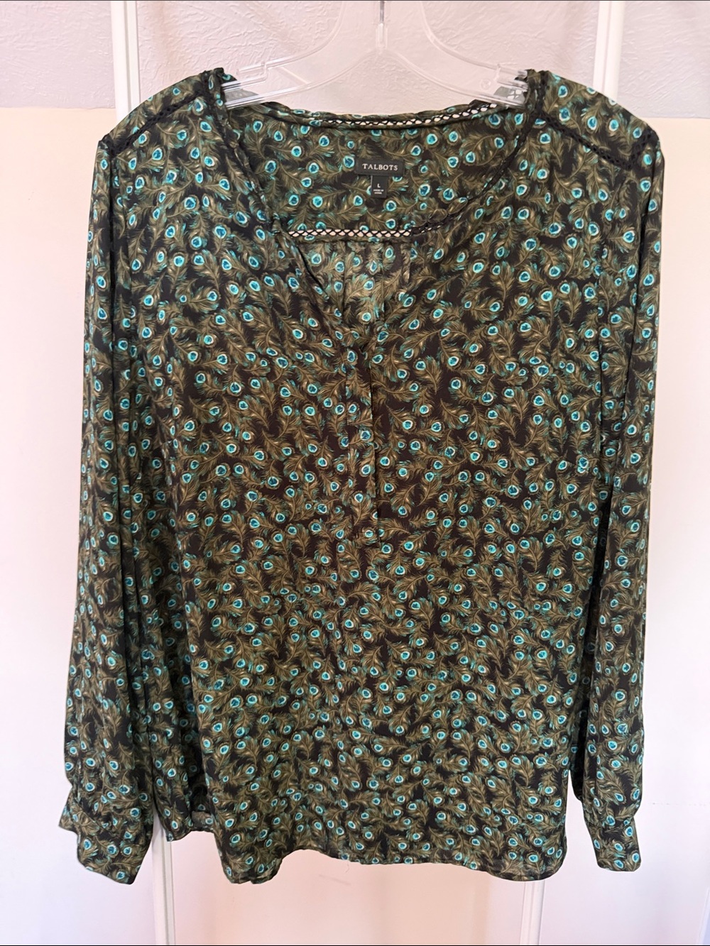 Talbots peacock feather green black print blouse size L